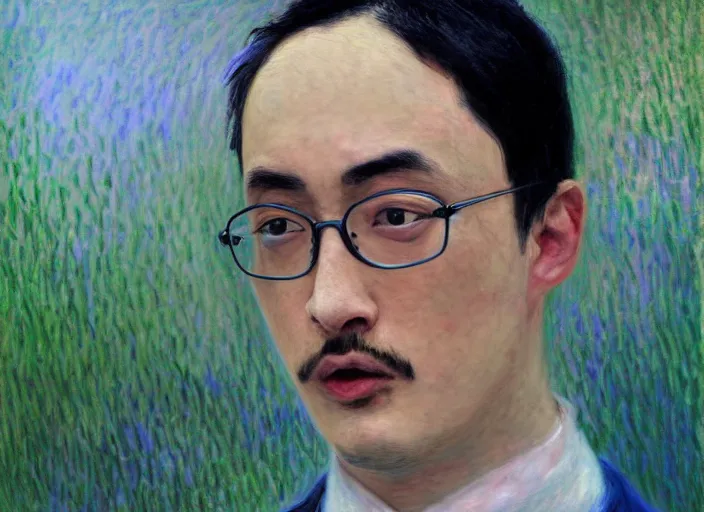 Image similar to Filthy Frank wearing blue dirty spaghetti stained dress shirt, rule of thirds, accurately portrayed, portrait art by Claude Monet, highly detailed, digital painting, concept art, illustration, imperial Japanese flag background, trending on artstation, very detailed, smooth, sharp focus, octane render, close up