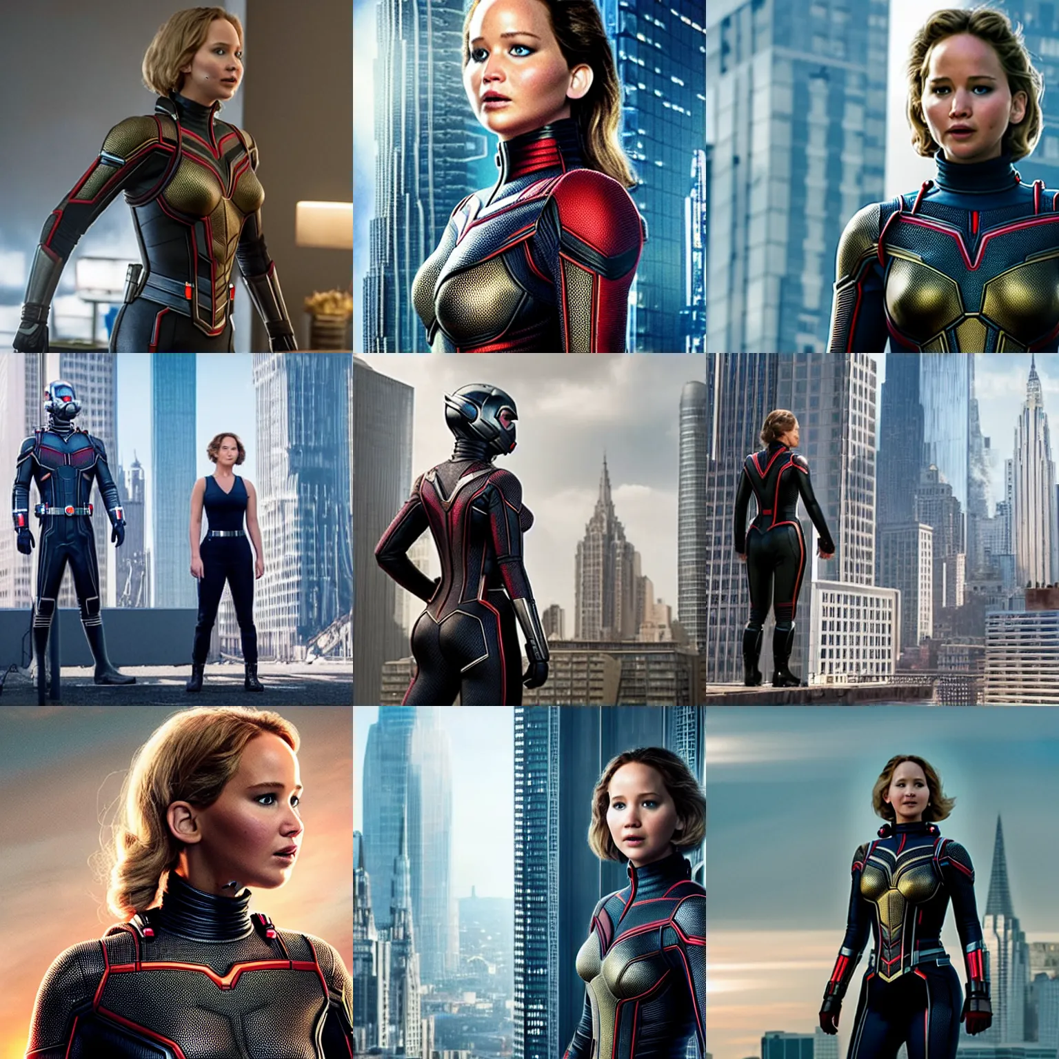 Prompt: Jennifer Lawrence grows to an enormous size and towers over a city, film still from 'Ant-Man and the Wasp'