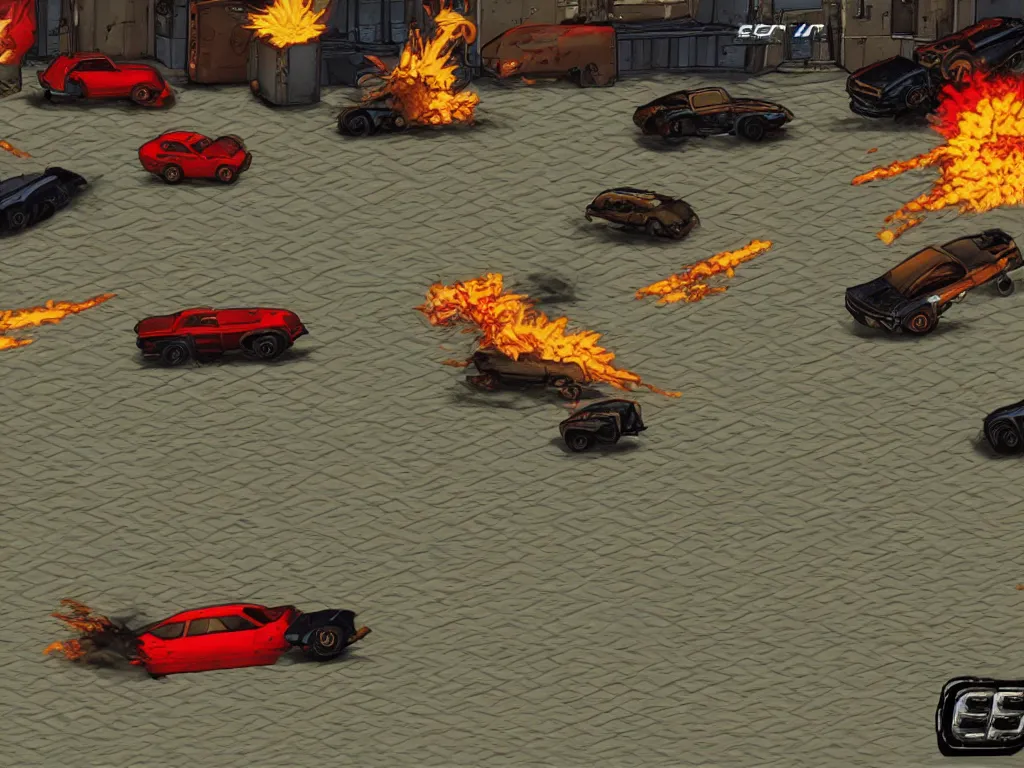 Image similar to PS1 car combat game in the style of Vigilante 8, Twisted Metal, Rogue Trip