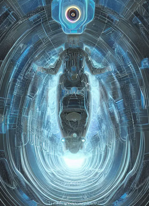 Image similar to a machine god in the machine universe encounters a living being organic cosmos inside an asymmetric orthogonal non - euclidean upside down inside out world with an infinite cosmic spiral waterfall of living information, inspired by android jones and beeple, hyperrealistic, extreme detail, digital art, concept art, rendered in cinema 4 d, cryengine 8 k