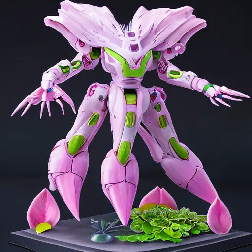 Image similar to futuristic nymphaea themed mecha waterlily upper body, flower sepals forming helmet, evangelion, nymphaea, 8 k hd resolution, barbatos gundam textured with waterlily pads, bandai box art, star wars, makoto kobayashi, frank gehry, raymond swanland