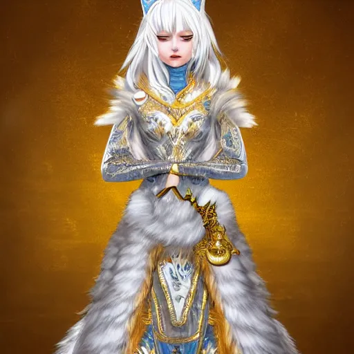 Image similar to commissioned full body furry portrait of a female anthro wolf-headed princess fursona with white hair wearing a white and gold chinese armored dress in a white and gold palace, by Wlop and jerry park, artstation, extremely detailed