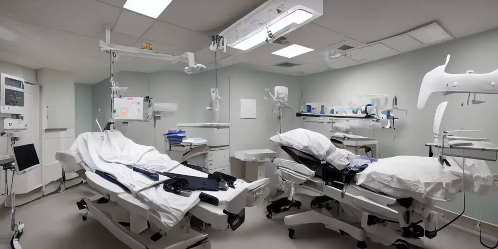 Prompt: surgical room with operating table, medical equipment and heart rate monitor, photography