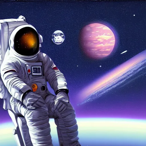 Image similar to long shot of astronaut sitting in space, calm, soothing, relaxed, cosy, quiet, elegant, digital painting, realism, cyberpunk art, acrylic on canvas, flooko,