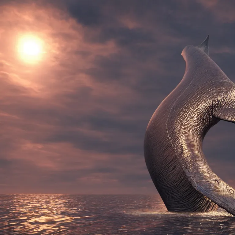 Image similar to octane render portrait by wayne barlow and carlo crivelli and glenn fabry, a blue whale made out of shiny reflective liquid metal swimming through beautiful sunset clouds, cinema 4 d, ray traced lighting, very short depth of field, bokeh