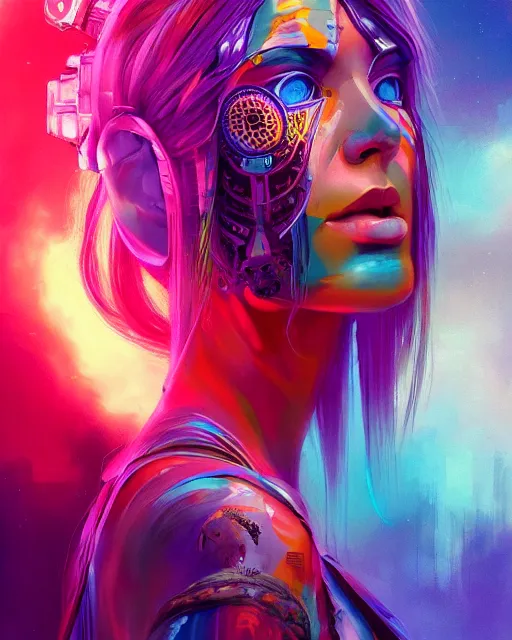 Prompt: colorful portrait of a female hippie cyborg, set in the future 2 1 5 0 | highly detailed | very intricate | symmetrical | professional model | cinematic lighting | award - winning | painted by mandy jurgens and ross tran | pan futurism, dystopian, bold psychedelic colors, cyberpunk, groovy vibe, anime aesthestic | featured on artstation