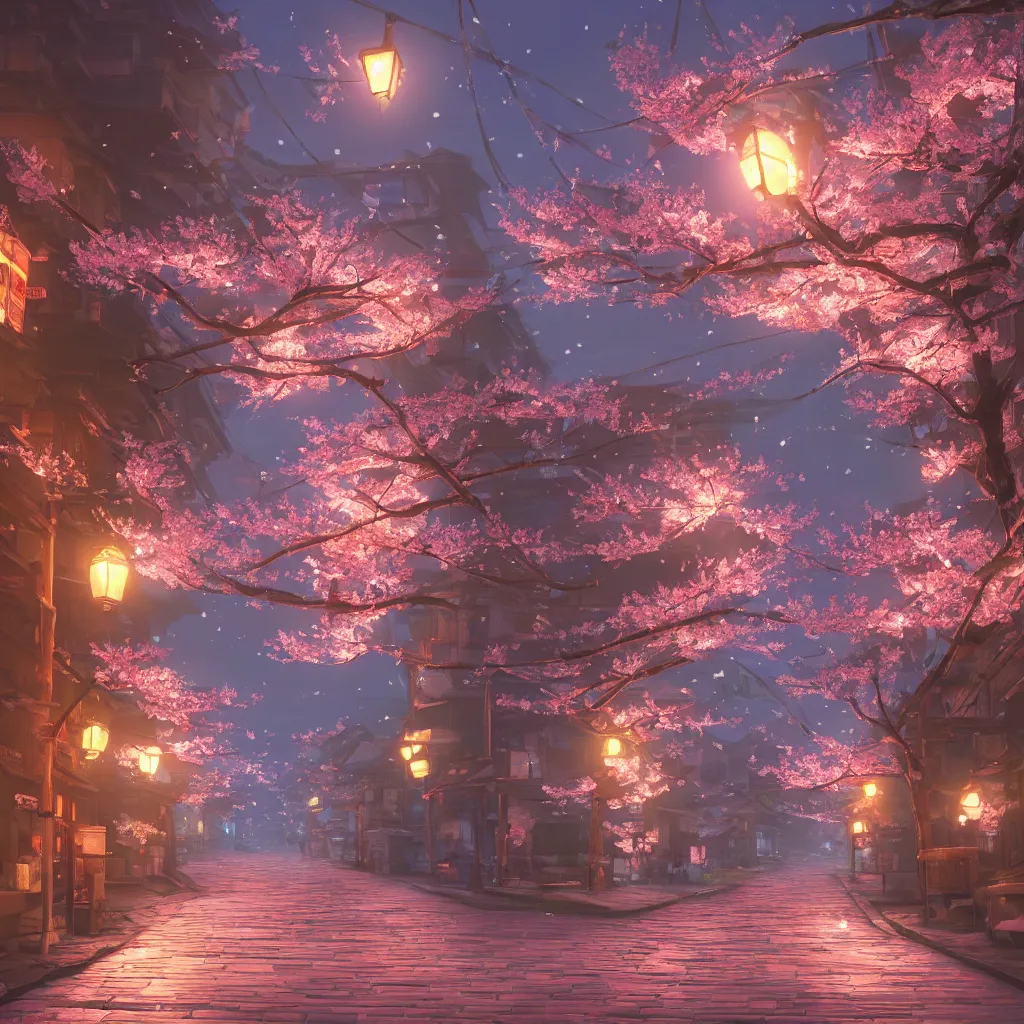 Image similar to Japanese street at night, cherry blossom petals, highly detailed, 3D render, digital art, artstation, 8K photography, matte photo-realistic, vivid colors, moody cool temperature, by Hayao Ghibli Miyazaki, breath of the wild style