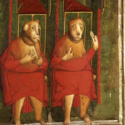 Image similar to Two bears wearing red robes arguing about how to send an email, medieval fresco