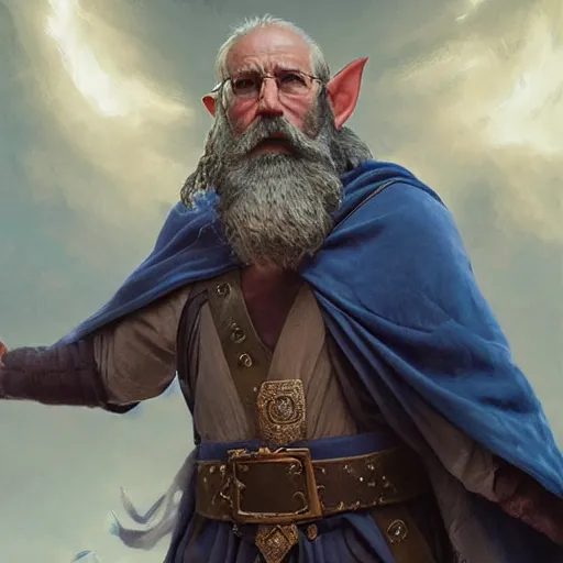 Prompt: A middle aged elf, wrinkled olive skin and a raised fist, long beard, blue robes, detailed face, highly detailed, cinematic lighting, digital art painting by greg rutkowski.