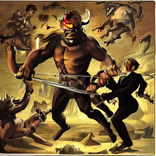 Prompt: men in black fighting a giant minotaur