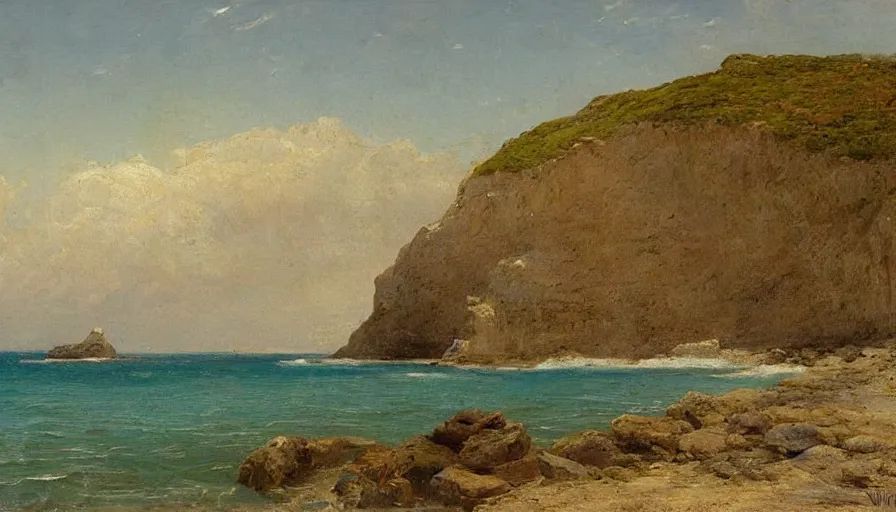 Image similar to a beautiful view of the cliffs at the beach, by william stanley haseltine