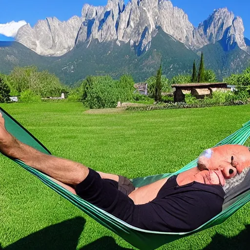 Prompt: my older italian wise friend on a hammock, reading the book about love, face iluminated by new knowledge, mountains in a background