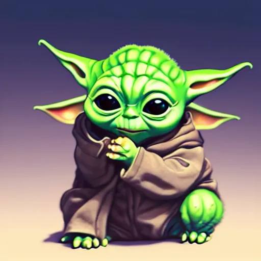 Image similar to illustration sticker baby yoda sitting, by masamune shirow and greg rutkowski, character art, sharp focus, highly detailed, artstation