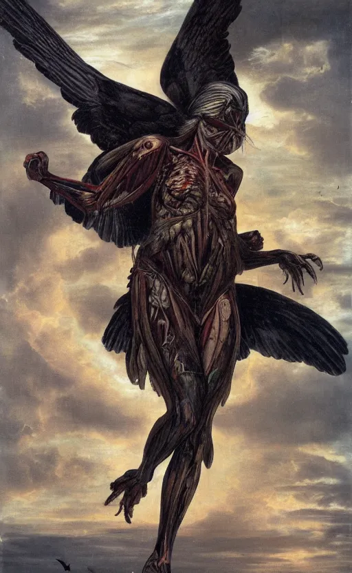 Prompt: an anatomical oil painting of a Harpy from a medical journal by Alex Ross, highly detailed, high detail, photoreal, 8k, storm clouds, birds, dramatic lighting