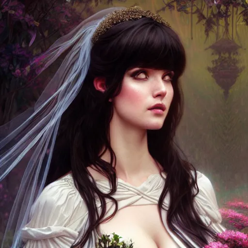 Prompt: a beautiful girl with dark hair and bangs, wearing a wedding dress, royal gardens background, fantasy, intricate, elegant, highly detailed, digital painting, artstation, concept art, matte, sharp focus, illustration, art by Artgerm and Greg Rutkowski and Alphonse Mucha