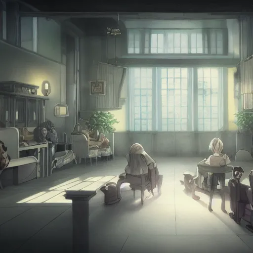 Prompt: interior of the melancholic nursing home, anime fantasy illustration by tomoyuki yamasaki, kyoto studio, madhouse, ufotable, square enix, cinematic lighting, trending on artstation