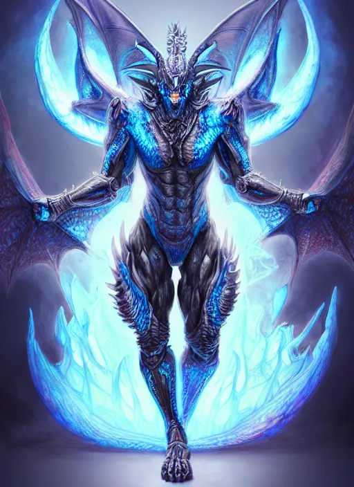 Image similar to muscular and tall blue ghostly fire humanoid dragon!!!! draconian!! intricate ornate iridescent heavy armor!! character concept art, sharp focus, octane render! unreal engine 5! highly rendered!! trending on artstation!! detailed linework!! illustration by artgerm, wlop, and chie yoshii