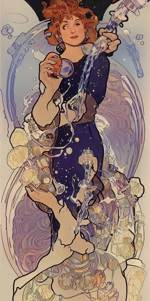 Image similar to a woman wearing outer space as a dress, pouring water from a vase into the milky way, by joe madura, by alphonse mucha, battle chasers.