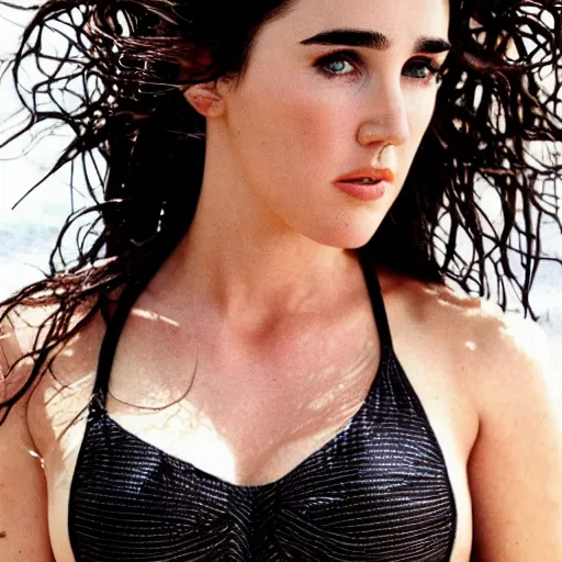 Image similar to Portrait Photography, medium closeup of young jennifer connelly poses in 2 Piece Mini Micro Push Up Swimsuits at summer beach, confident pose, fierce expression, intricate details, detailed face, detailed illustration, impressive lighting, symmetrical features, ultra detailed, 12 megapixels