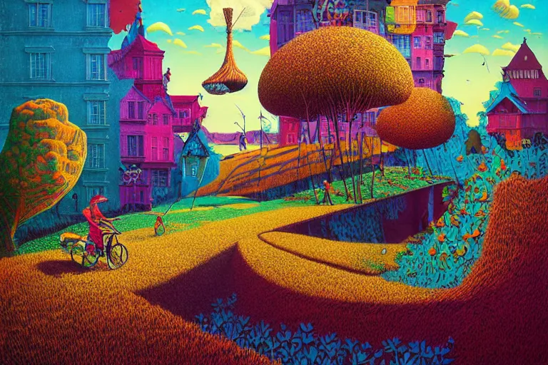 Image similar to surreal glimpse into other universe, riding beca malacca, summer morning, very coherent and colorful high contrast, art by!!!! gediminas pranckevicius!!!!, geof darrow, floralpunk screen printing woodblock, dark shadows, hard lighting, stipple brush technique,