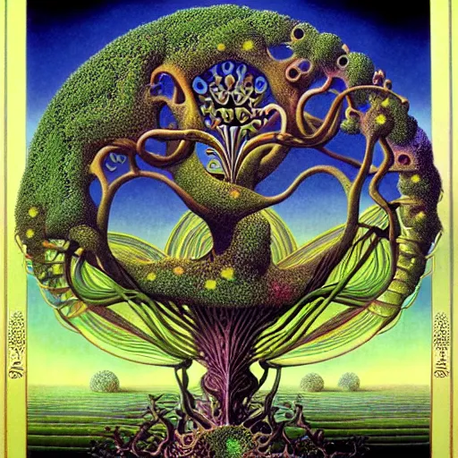 Image similar to sacred mulberry tree by roger dean and andrew ferez, art forms of nature by ernst haeckel, divine chaos engine, symbolist, visionary, art nouveau, botanical fractal structures, tree of life, lightning bolts, detailed, realistic, surreality