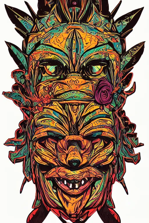 Image similar to animal mask totem roots flower tribal feather gemstone plant wood rock shaman vodoo video game vector cutout illustration vivid multicolor borderlands comics by josan gonzales and dan mumford radiating a glowing aura