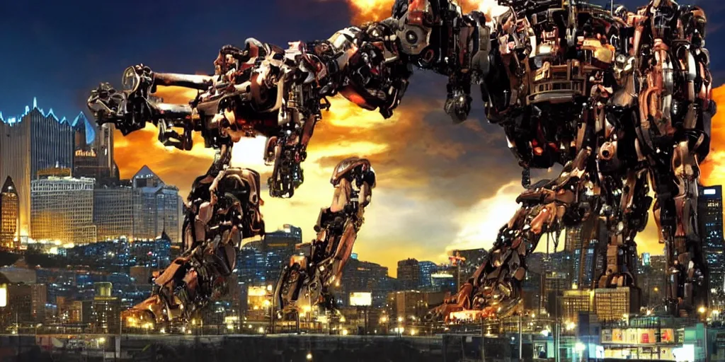 Image similar to a blockbuster style movie frame of a giant mechanical robot pig destroying pittsburgh
