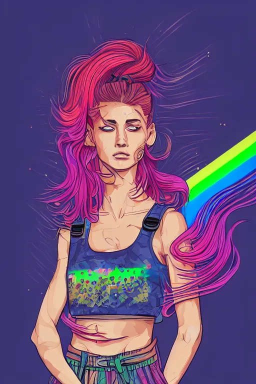 Image similar to a award winning half body portrait of a beautiful woman with stunning eyes in a printed croptop and cargo pants with rainbow colored ombre hairstyle head in motion and hair flying by josan gonzales, outrun, vaporware, shaded flat illustration, digital art, trending on artstation, highly detailed, fine detail, intricate