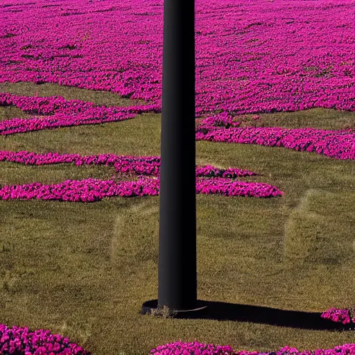 Image similar to very intrincated and ominous tall black column stands in the middle of an infinite plain covered with colorful flowers