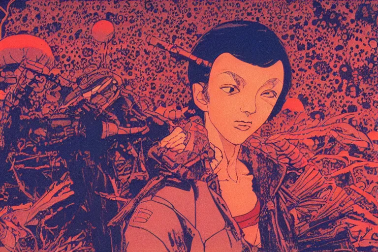 Image similar to risograph grainy drawing vintage sci - fi, satoshi kon color palette, gigantic gundam full - body covered in dead coral reef, 1 9 8 0, kodachrome, painting by moebius and satoshi kon and dirk dzimirsky close - up portrait