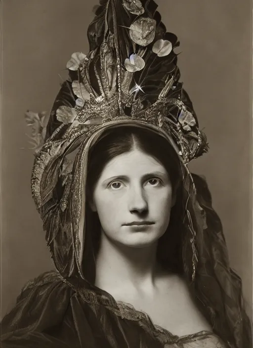 Image similar to portrait of young woman in renaissance dress and renaissance headdress, art by imogen cunningham