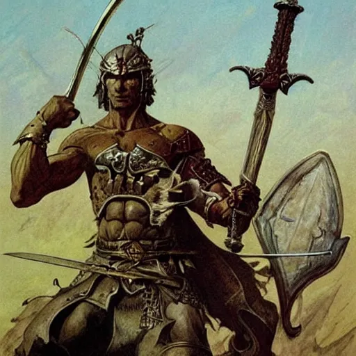Prompt: warrior holding sword aloft. Fantasy artwork by Moebius and Frank Frazetta