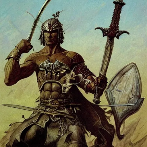 Image similar to warrior holding sword aloft. Fantasy artwork by Moebius and Frank Frazetta