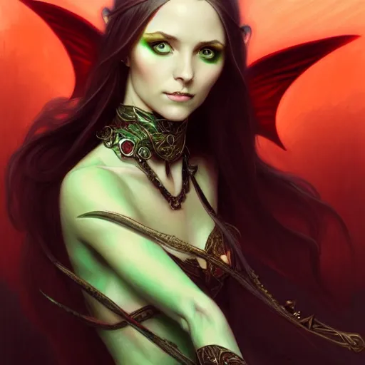 Image similar to Portrait of seductive female elven priest, D&D, green eyes, choker, long red hair, demon wings, fantasy, intricate, elegant, highly detailed, digital painting, artstation, concept art, smooth, sharp focus, illustration, art by artgerm and greg rutkowski and alphonse mucha