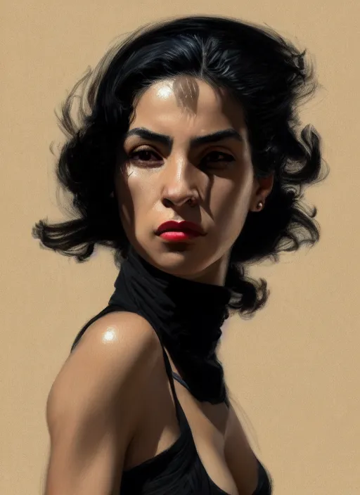 Image similar to portrait of a latino woman with a crooked nose and a confident expression, 1 9 6 0 s, black clothes, punk, funk, intricate, elegant, highly detailed, digital painting, artstation, concept art, smooth, sharp focus, illustration, art by wlop, mars ravelo and greg rutkowski