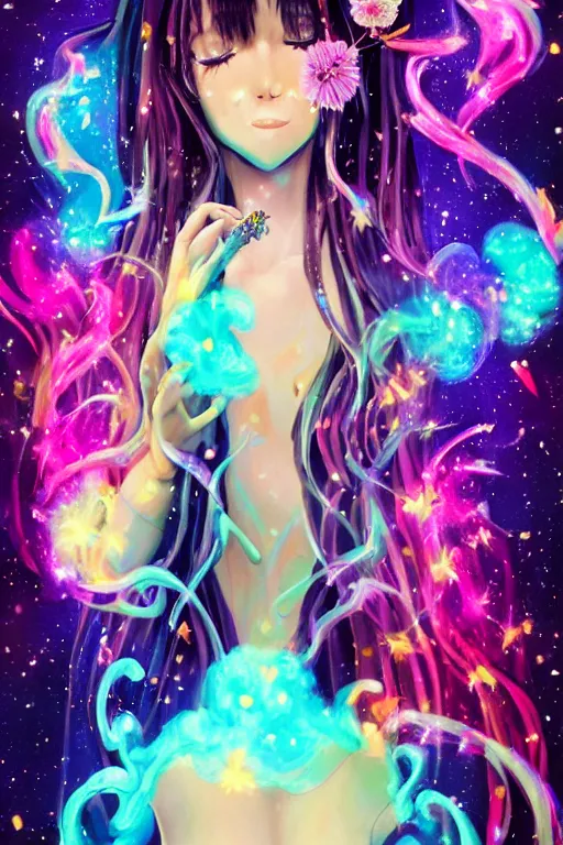 Image similar to psychedelic, whimsical, anime, 4k, beautiful intimate woman blowing smoke, with professional makeup, long trippy hair, a crystal and flower dress, sitting in a reflective pool, surrounded by gems, underneath the stars, rainbow fireflies, trending on patreon, deviantart, twitter, artstation, volumetric lighting, heavy contrast, art style of Ross Tran and Viktoria Gavrilenko and Ilya Kuvshinov
