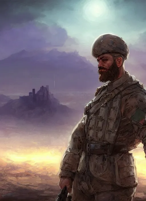 Image similar to purple lighting, detailed character portrait concept illustration, white male strong muscular mature soldier with beard and short hair in a soldier uniform, desert with city in the background, sharp focus, illustration, highly detailed, digital painting, concept art, matte, art by wlop and artgerm and greg rutkowski, masterpiece