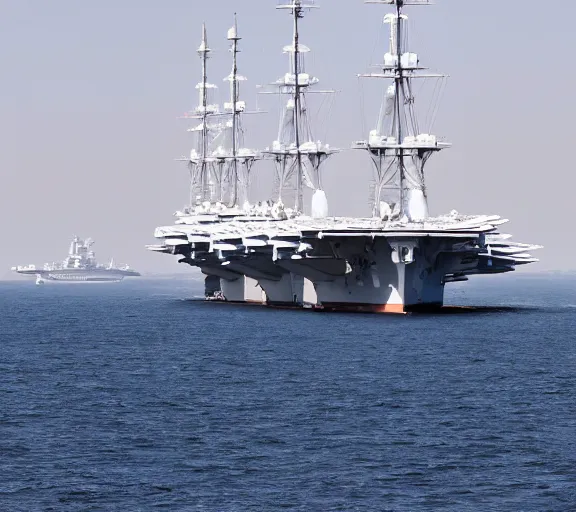 Image similar to photo of an aircraft carrier with sails, sail powered ship, 4 k, sailing mast, award winning photo