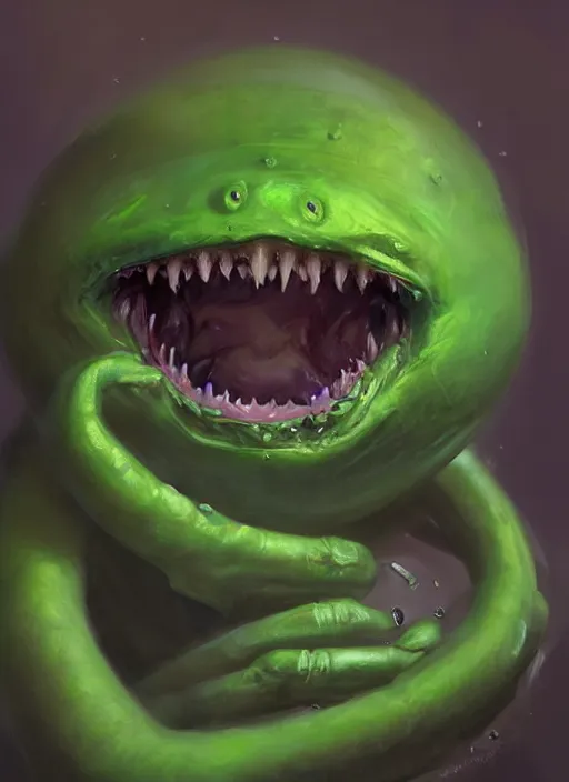 Image similar to hyper realistic portrait of my happy, smiling, waifu cute innocent green amorphous blob, slimy alien creature with adorable uwu eyes, it has several human arms out stretched to grab me. painted by greg rutkowski, wlop,,