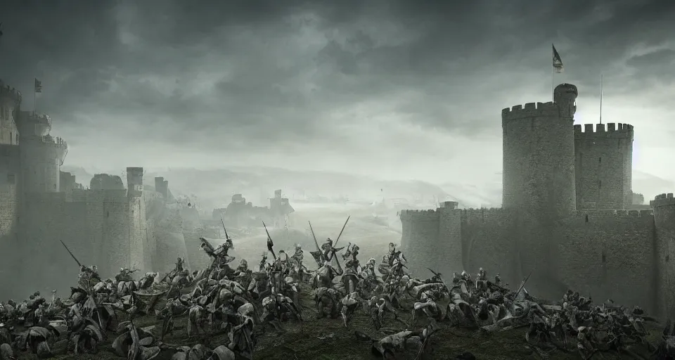 Image similar to ten medieval soldiers atop a castle wall looking over a vast medieval kingdom rule by an evil king. the soldier is ready for battle. it is a somber morning. death is close. prepare for battle. mist, epic, cinematic, volumetric lighting, symmetry, fantasy style, highly - detailed, unreal 5, realism