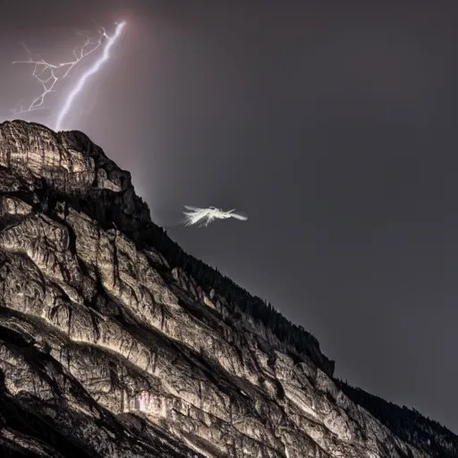 Image similar to the angel of death circling a mountain during a storm at night