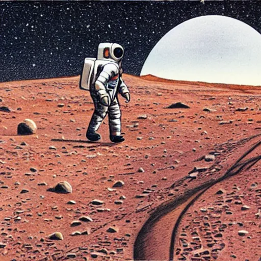 Prompt: astronaut walking on Mars with a rover in the background, Vintage Magazine Illustration