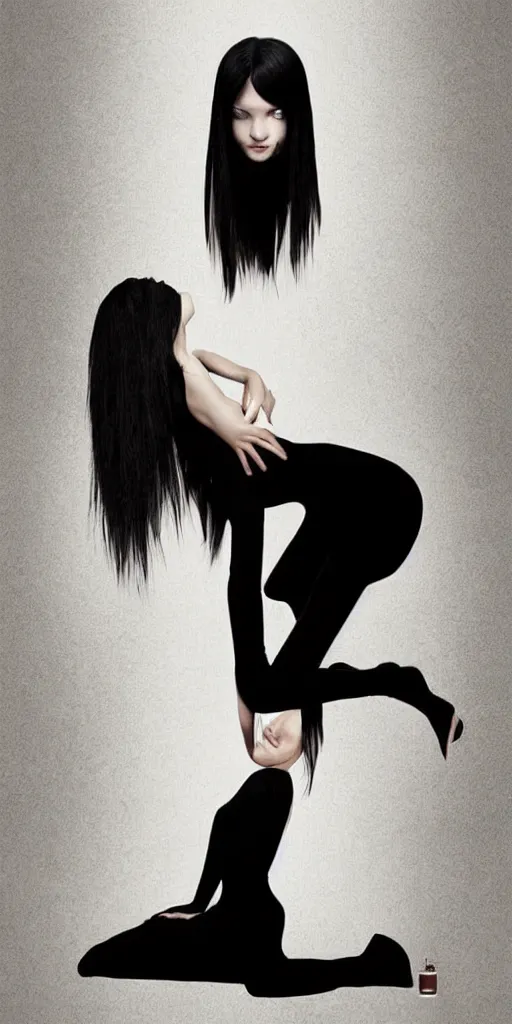 Image similar to a young girl with straight long black hair wearing black dress sitting in bathroom floor, poster by artgem, greg rutkowski and mario testino