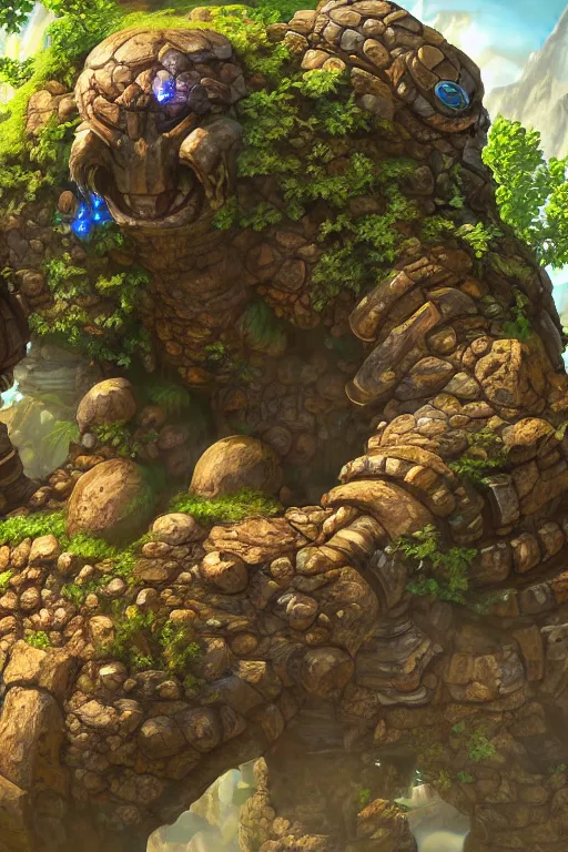 Image similar to zelda fantasy art giant golem troll wood rock greeble gemstone, global illumination ray tracing hdr fanart arstation by sung choi and eric pfeiffer and gabriel garza and casper konefal