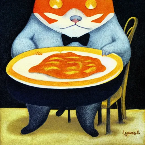 Image similar to fat orange cat on a table with lasagna by maurice sendak