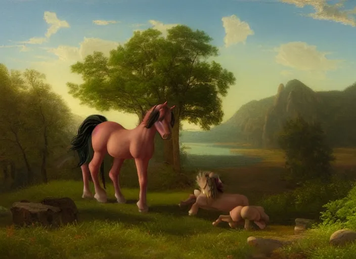 Prompt: american realist romanticism landscape painting of my little pony in the style of hudson river school and thomas cole and albert bierstadt and robert duncanson