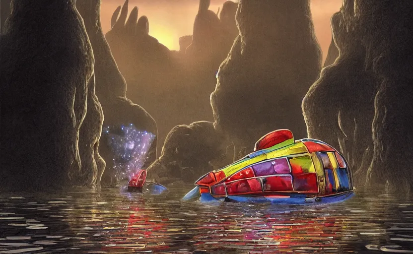 Prompt: a realistic cell - shaded studio ghibli concept art from paprika ( 2 0 0 6 ) of a cubic multi - colored rocketship from close encounters of the third kind ( 1 9 7 7 ) in a flooded monument valley stonehenge jungle jungle on a misty starry night. a camel caravan is in the foreground. very dull colors, portal, hd, 4 k, hq