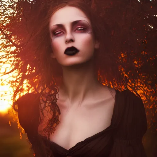 Image similar to photographic portrait of a stunningly beautiful gothic female in soft dreamy light at sunset, by edward robert hughes, annie leibovitz and steve mccurry, david lazar, jimmy nelsson, breathtaking, 8 k resolution, extremely detailed, beautiful, establishing shot, artistic, hyperrealistic, beautiful face, octane render