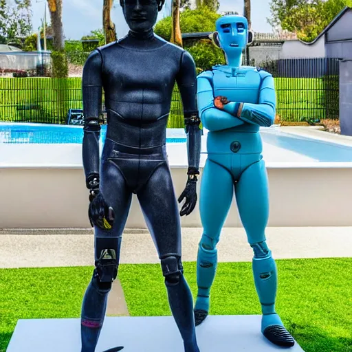 Image similar to a realistic detailed photo of a guy who is an attractive humanoid who is half robot and half humanoid, who is a male android, soccer player timo werner, shiny skin, posing like a statue, blank stare, by the pool, on display, showing off his muscles, humanoid robot, frozen ice statue, made of ice