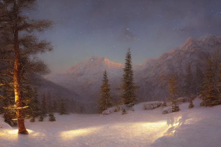 Image similar to mountains, trees, beautiful nature, winter, night, stars, very detailed, focused, cinematic lighting, oil painting, colorful, canvas, artstation, Sydney Mortimer Laurence, Albert Bierstadt